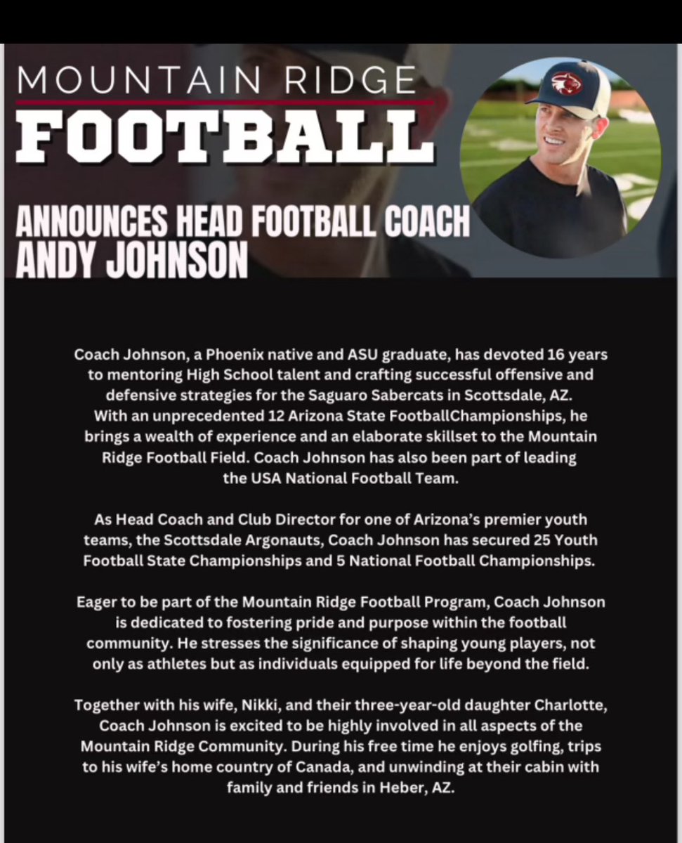 Mountain Ridge High School is thrilled to announce Andy Johnson as our new Head Football Coach. <a href="/DvusdA/">DVUSDAthletics</a>