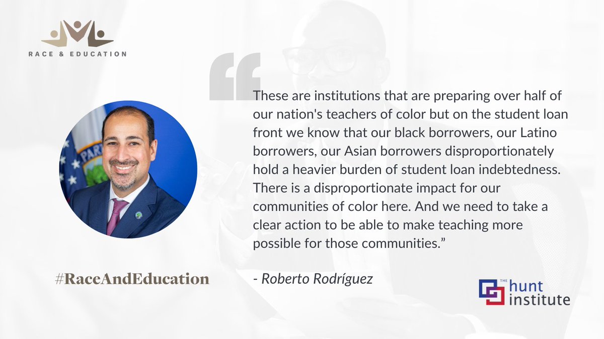 Hunt_Institute's tweet photo. @markbteoh @RaikesFdn @michaelsorrell @PaulQuinn1872 🧵 Roberto Rodríguez of @usedgov talks about the Augustus F. Hawkins Centers of Excellence (Hawkins) Program and reducing the cost and barriers to all students, but particularly for aspiring educators of color and student loans. #RaceAndEducation
https://t.co/8B8OKeyoye https://t.co/pnVGRUEV7q