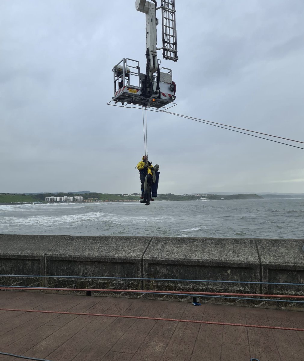 Last night Green watch were training with the newly returned aerial ladder platform, simulating a “sea wall rescue” in which we use our line rescue capabilities in order to perform a rescue on a person who has fallen over the sea well and become trapped.