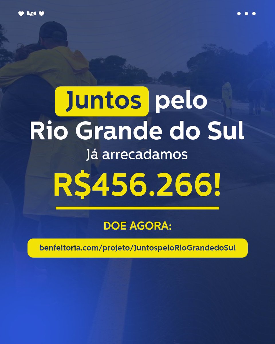As doações estão chegando a todo momento e ainda dá tempo de você ajudar. 👏🏼

Facilitamos seu gesto de solidariedade com até três tipos de doação: pix, cartão de crédito ou boleto. 😉

Entre nessa corrente do bem e vamos juntos reconstruir o Rio Grande do Sul. ✨