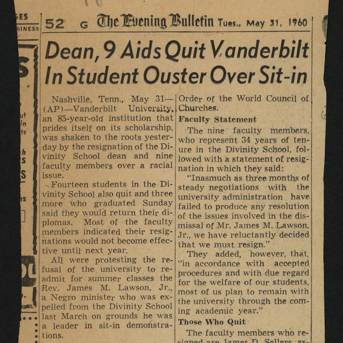 VanderbiltU's tweet photo. His work as a staff organizer for the Fellowship of Reconciliation alarmed members of VU's Board of Trust, and for his activism, Lawson was expelled in 1960.

The resulting turmoil sparked a national debate as it pitted pro-Lawson supporters against Chancellor Branscomb. https://t.co/LImPyhuWGM