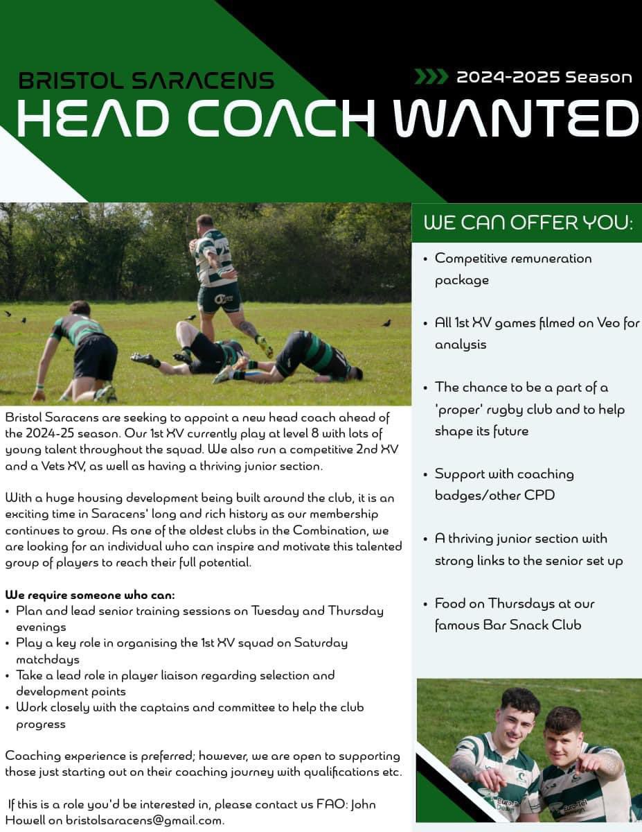 BristolSaracens's tweet image. Can our friends on Twitter help us spread the word please?

Despite interest, we are yet to fulfil our head coach vacancy. 

Please can the Bristol and wider rugby community share this post. 

@swsportsnews @GRFUrugby @BSDistrictRugby @RFU_Bristol