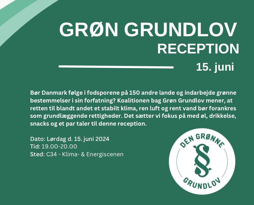 Kom til Grøn Grundlovsreception på Folkemøde lørdag d. 15. kl 19-20!

Her samler vi gode folk på tværs af generationer til øl, snacks og gode samtaler om, hvordan retten til et bæredygtigt klima og en vild natur bør sikres i grundloven💚

Tilmelding 👇🏻👇🏻
docs.google.com/forms/d/e/1FAI…