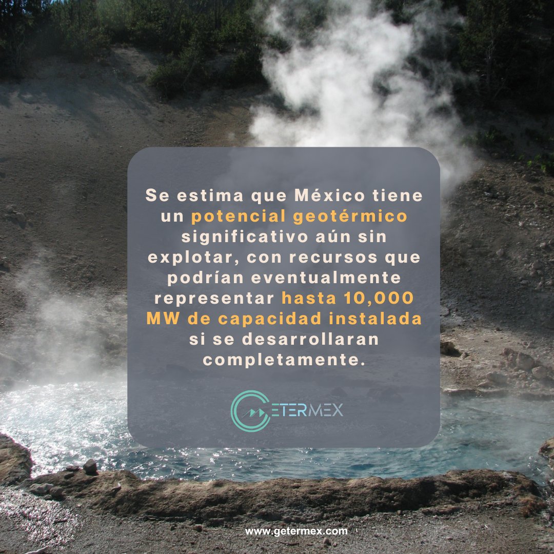 getermex's tweet photo. Se estima que nuestros recursos geotérmicos podrían alcanzar hasta 10,000 MW de capacidad instalada si se desarrollaran completamente. Esto representa una gran oportunidad para avanzar hacia un futuro más sostenible. #EnergíaRenovable #Geotermia #MéxicoSostenible #getermex https://t.co/qGs9dkZpXH