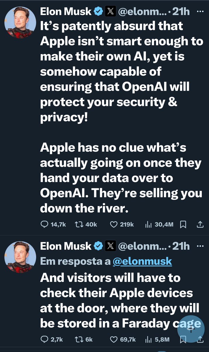 Bolsominions  devotos de Musk irão cancelar a Apple? Ele  disse, na rede X,  que a IA que a Apple incorporará ao seu novo sistema, parceria com a OpenAi, é um programa de espionagem assustador e que não quer isso nas empresas dele.  E outras críticas mais.