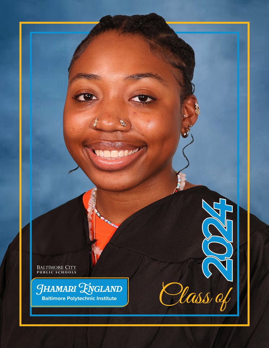 BaltCitySchools's tweet photo. City Schools congratulates the Class of 2024! We're so proud of you. Today we want to celebrate Jhamari from Poly, who is part of our Hall of Graduates on display now at the District Office. https://t.co/jZHyzDfI85