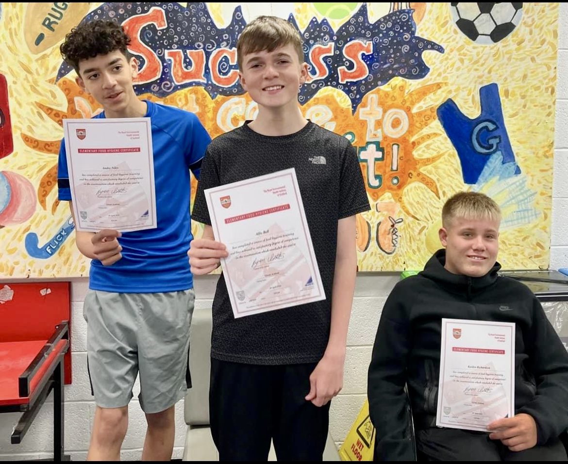 S3 Home Economics pupils were presented with certificates today after passing their REHIS (Royal Environmental Health Institute of Scotland) assessment on elementary food hygiene. Well done all!