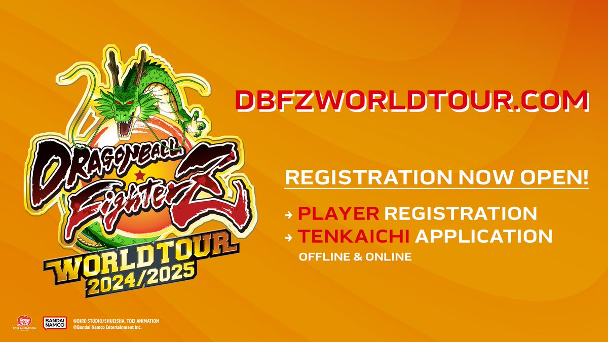 ⚠️Attention DRAGONBALL FighterZ players and Tournament Organizers! 

Registration for the World Tour 2024/2025 and Tenkaichi application is NOW OPEN! 

Register and apply here: dbfzworldtour.com

#DBFZWT