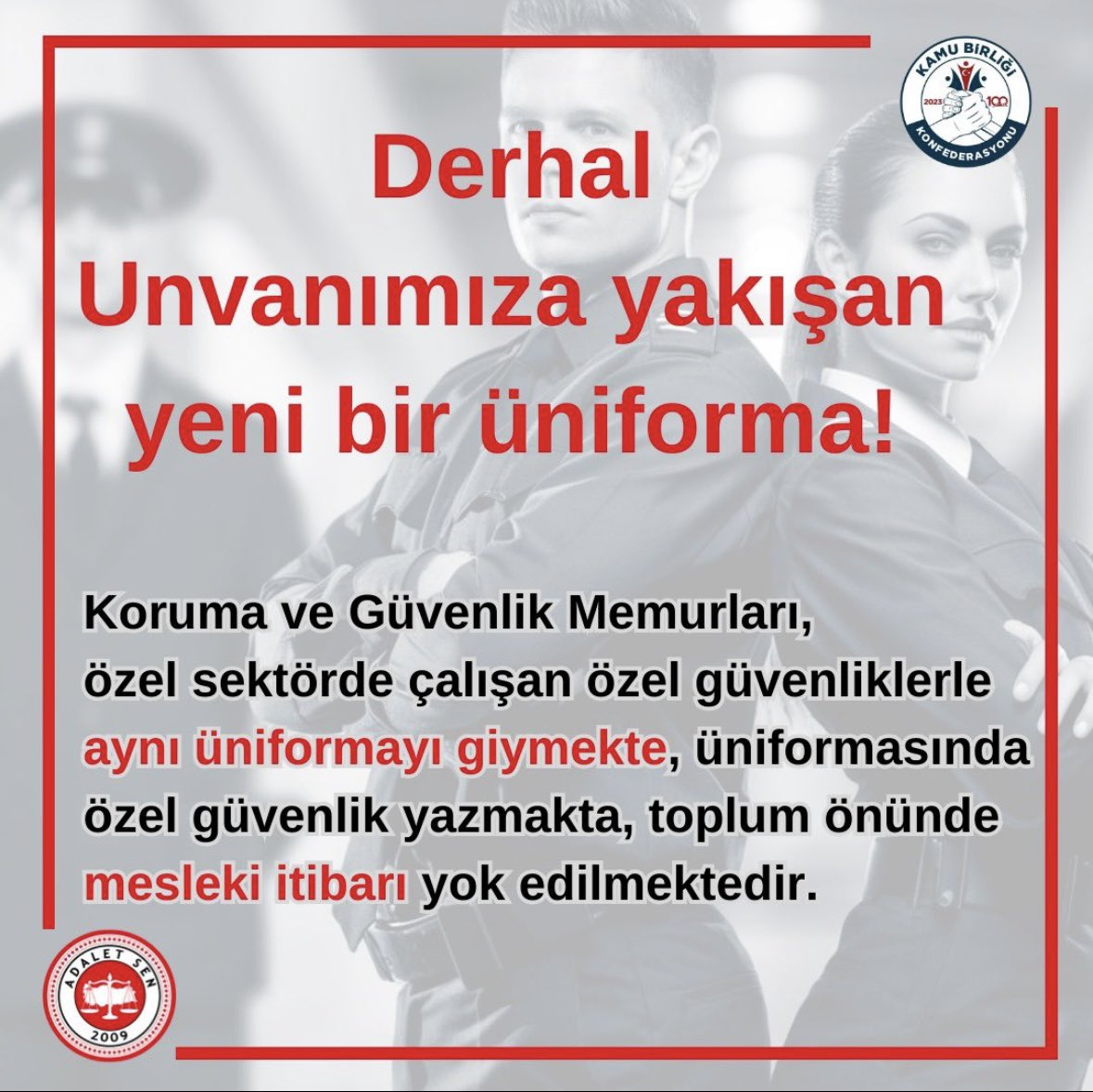Koruma ve Güvenlik Memurlarımızın mesleki itibarını korumak için, özel sektörde çalışan güvenliklerle aynı üniformayı giymemeleri ve üniformalarında ‘özel güvenlik’ yazmaması gerekiyor. Unvanlarına yakışan yeni bir üniforma talep ediyoruz! #kamukorumamemurlari 

<a href="/RTErdogan/">Recep Tayyip Erdoğan</a>