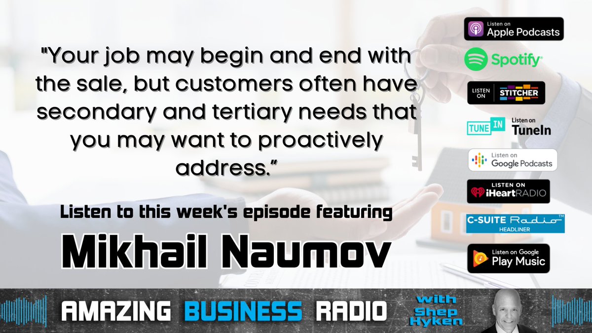 “Your job may begin and end with the sale, but customers often have secondary and tertiary needs that you may want to proactively address.”  

<a href="/MikhailNaumov/">Mikhail</a>, founder and CEO of <a href="/Paylode/">Paylode Inc.</a> is on #AmazingBusinessRadio!

hyken.com/amazing-busine… #customerneeds #CX