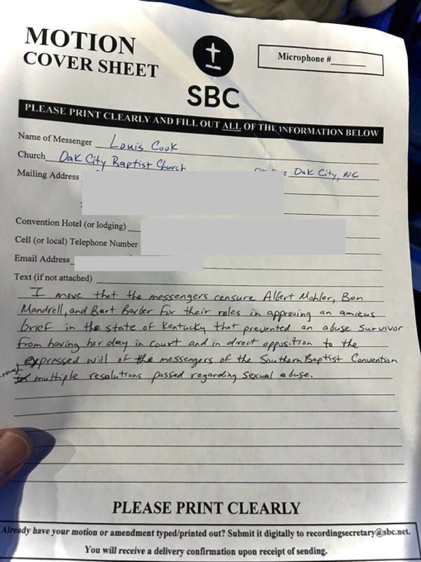 toddbenkert's tweet photo. Motion from @peedeelou regarding censure. #SBC24 #ThisistheSBC “I move that the messengers censure Albert Mohler, Ben Mandrell, &amp; Bart Barber for their roles in approving an amicus brief in the state of Kentucky that prevented an abuse survivor from having her day in court… https://t.co/E85fmS5iGp