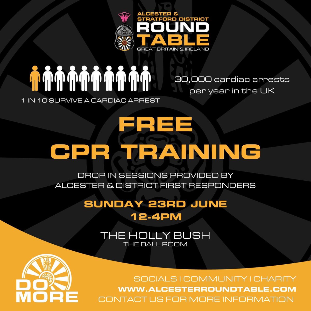 Join us as we join forces with Alcester &amp; Stratford District Round Table to provide CPR &amp; defibrillator awareness on Sunday 23rd June! No need to book, just drop in anytime between 1200-1600 and learn how to use a defib! <a href="/AlcesterRT/">A & S D Round Table</a>