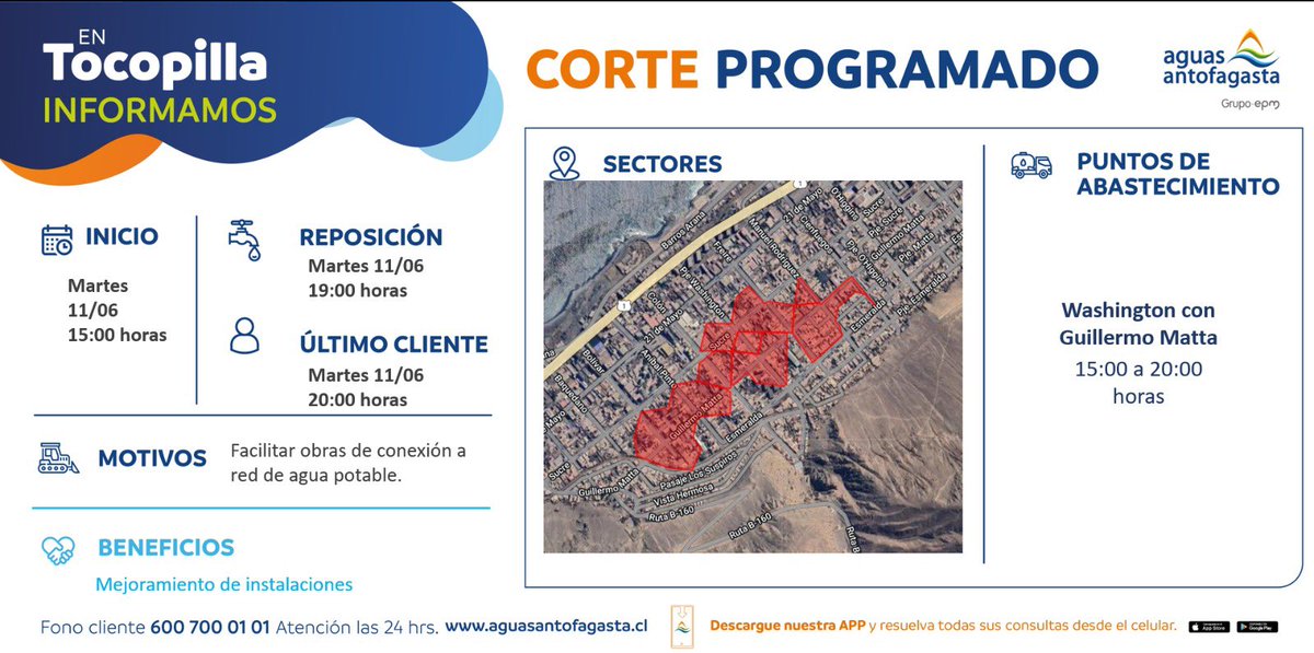 DPPTocopilla's tweet image. Informamos que durante este 11/06 se llevará a cabo un #corteprogramado desde las 15 horas en un sector de Tocopilla🚰. La suspensión tiene por objetivo facilitar obras de conexión a la red de abastecimiento de agua potable del sector. Inicio de reposición 19:00 horas.