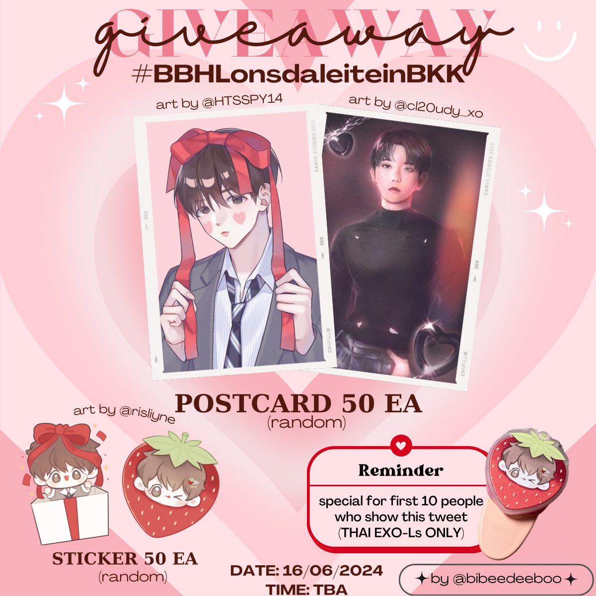 ♡ giveaway ♡
🥬 postcard = 50 EA / Day
🍓 sticker = 50 EA / Day

🐶 special 10 คนแรกที่โชว์ทวิตนี้ได้รับกิ๊ฟผักกาดกับตอยี่ไปเลยค้าบ(แยกตามวัน) 💞✨

🗓 15-16 june 2024ㅣtime: tba
📍impact exhibition hall 7-8

#BBHLonsdaleiteinBKK 
#LONSDALEITEinBKK 
#2024BAEKHYUNASIATOURinBKK