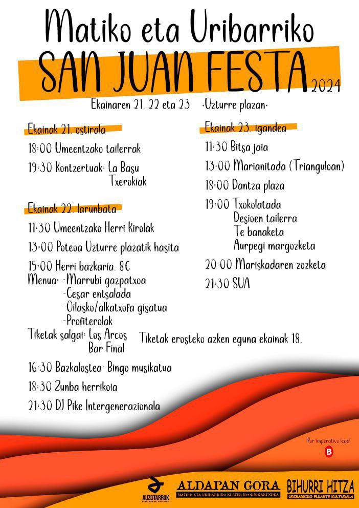 🔥BADATOR SAN JUAN FESTA!🔥

Ekainaren 21,22 eta 23an Uzturre plazan batuko gara!
Sua, dantza plaza, umeentzako tailerrak, bazkaria, belaunaldien arteko DJak, kontzertuak...

Etorri gurekin San Juan festaz gozatzera!

#GoraJaiHerrikoiak!