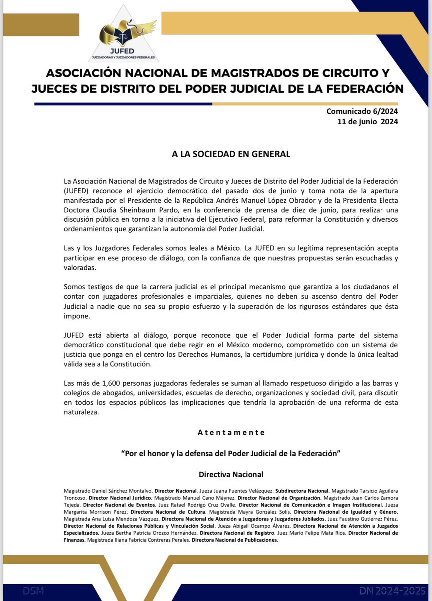#Comunicado
La #JUFED toma nota de la apertura manifestada por el Presidente de la República Andrés Manuel López Obrador y de la Presidenta Electa, Doctora Claudia Sheinbaum Pardo, para realizar discusión pública en torno a la iniciativa para reformar la Constitución.