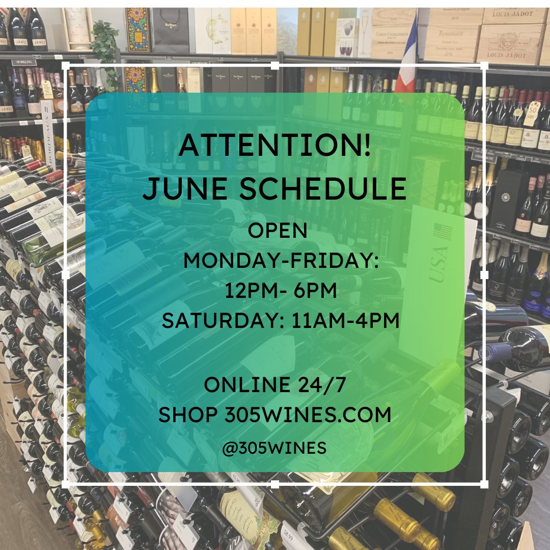 305WinesMiami's tweet photo. Check out our June opening hours at the Palmetto Bay location.βοΈπ·
#JuneHours #SummerSchedule #305Wines https://t.co/Gd51kdlN6z