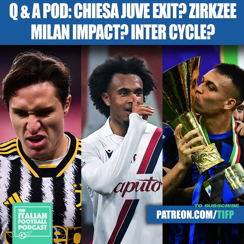 ItaFootPod's tweet photo. 🚨PATREON ONLY🚨
❓From #ItaFootPod Patrons
Inc:
- #Juventus: Sell #Chiesa? 💰
- #Milan: if #Zirkzee what impact? 🧐
- #Lautaro #Barella ✅📝 #Inter winning cycle? 🏆
- #Lotito end at #Lazio? 🤦♂️
- Why no #Soule for #Azzurri? 🇮🇹
Much more
🎧✍️⤵️
https://t.co/4uYIwvfjRQ https://t.co/lgJc2bx02E