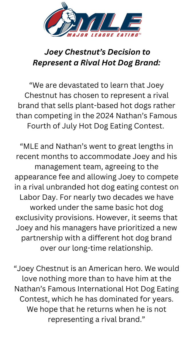 eatingcontest's tweet photo. Major League Eating addresses Joey Chestnut's choice to represent a rival brand, expressing disappointment and hope for his return to Nathan’s Famous. https://t.co/NrbK4aRUc8
