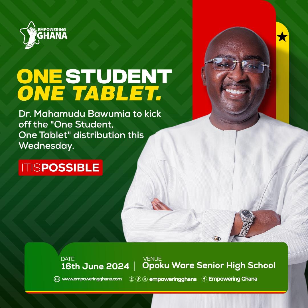 starr1035fm's tweet photo. Join Vice President Dr. Mahamudu Bawumia at Opoku Ware Senior High School in Kumasi for the crowning of the "One Student, One Tablet" distribution...
Date: 16th June, 2024
#NPP #Ghana #OneStudentOneTablet #Education https://t.co/tqjuUOCLxh