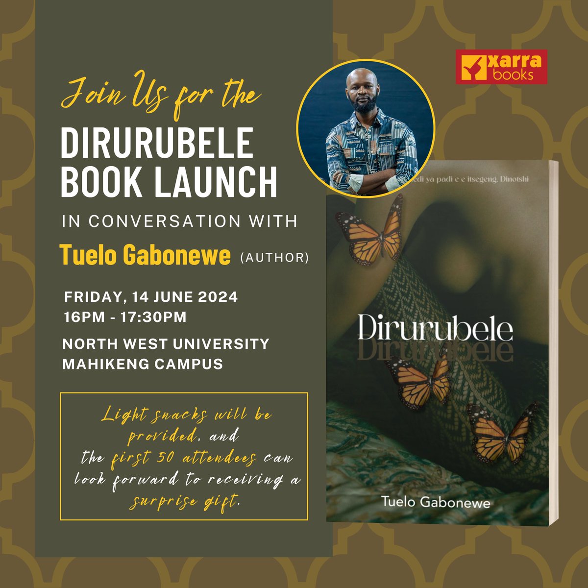 xarrabooks's tweet image. Exciting news! Join us at North West University for the launch of Dirurubele with Tuelo Gabonewe. Enjoy snacks and a special surprise for the first 50 attendees! 📚✨ Don't miss out!
#booklaunch #newbook #sawriters #books #booklovers #fyp