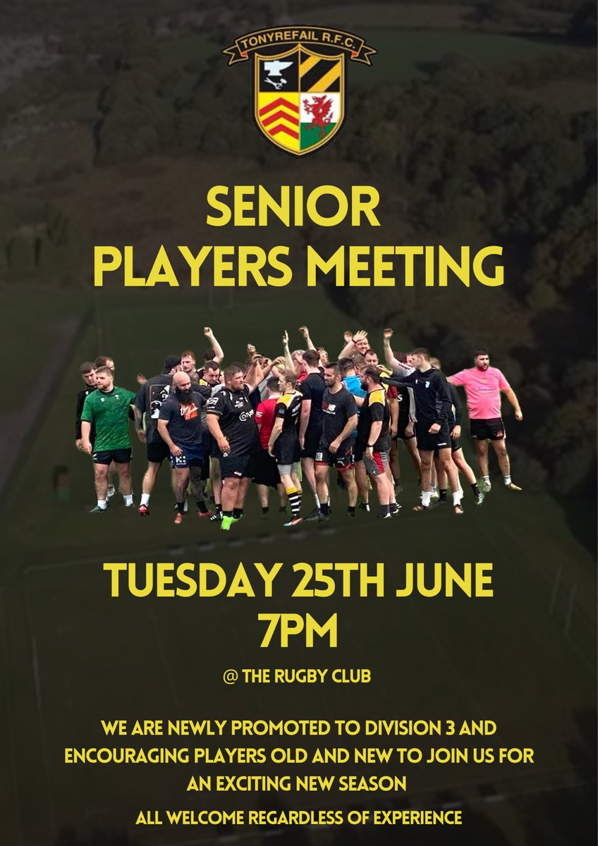 🚨PLAYERS MEETING🚨

Calling players old and new to join us in discussing the 2024/25 season at the clubhouse 

Exciting new challenges lay ahead after promotion to Division 3 

Whatever the reason you are looking to put a pair of boots on you are welcome at Tonyrefail RFC

🖤🧡