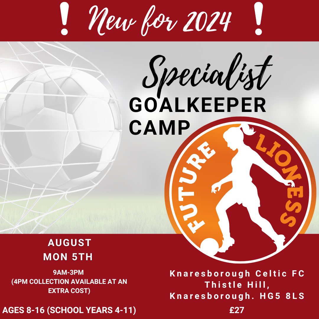 📢 𝙂𝙤𝙖𝙡𝙠𝙚𝙚𝙥𝙚𝙧 𝘾𝙖𝙢𝙥 🧤⚽

A new addition to our Summer Camp programme for 2024 is our dedicated Goalkeeper Camp - focusing on the specialist skills required to take your goalkeeping game to the next level.

1/2