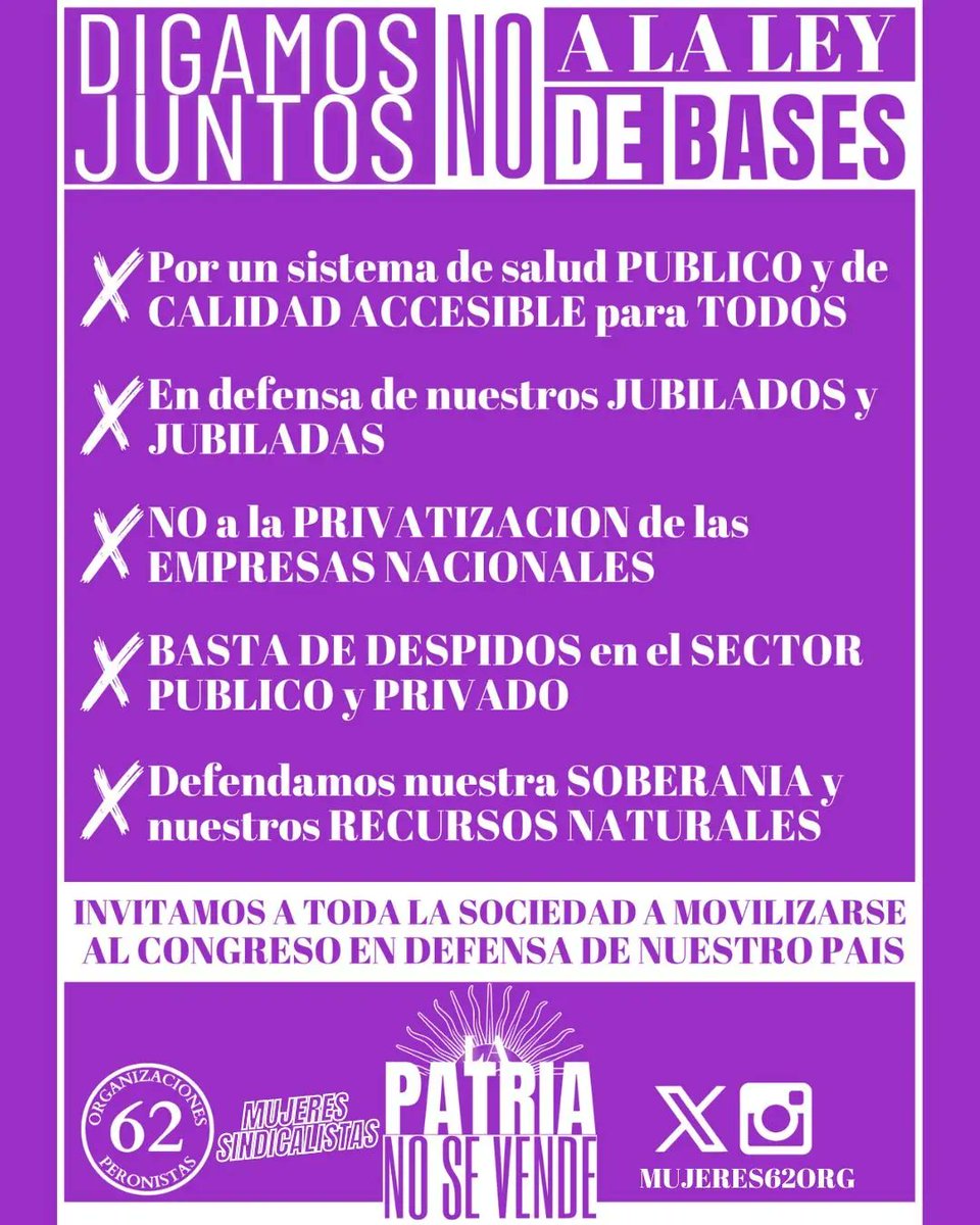 🇦🇷SENADORES Y SENADORAS -  LA PATRIA ESTA EN JUEGO

#NOALALEYDEBASES

🗓Miércoles 12 de Junio
⏱️9 hs
📍Congreso de la Nación

#LaPatriaNoSeVende
