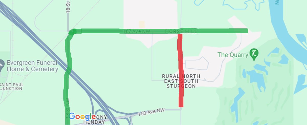QuarryEdmonton's tweet image. ⚠️ ROAD CLOSURE⚠️

From June 11th - 13th, Meridian Street (in red) will be closed from 9 am - 3:30 pm each day. To detour, head to 18th street (in green) where you can connect to 167th ave and make your way to the course.