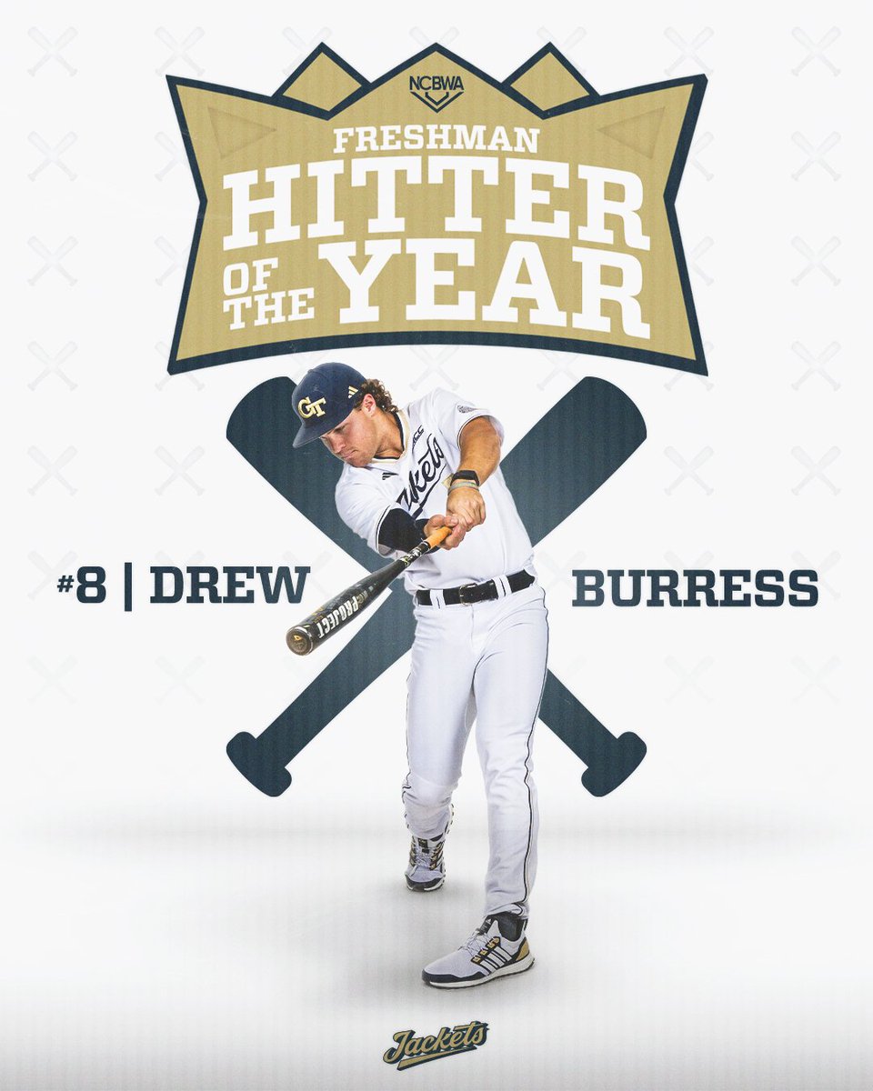 GTBaseball's tweet photo. 𝐅𝐑𝐄𝐒𝐇𝐌𝐀𝐍 𝐇𝐈𝐓𝐓𝐄𝐑 𝐎𝐅 𝐓𝐇𝐄 𝐘𝐄𝐀𝐑

@drew_burress08 takes home the @NCBWA's award for nation's top first-year hitter!

🔗 https://t.co/ZdKA9XcWek

#WreckHavoc x #StingEm https://t.co/6LW5VSVM5p