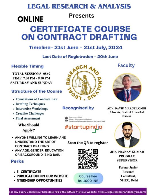 LegalResearchA2's tweet photo. Register Now! Online Certificate Course on Contract Drafting!
#legalresearchandanalysis #contract #contractdrafting #draftingcourse #contractlaw #drafting
The total fee for this course is 1000 Rupees.
*Perks*
1- E Certificate
2-Internship Opportunity(Paid)
3- Recommendation Letter.
*Where to Apply*
https://t.co/1Vo2RN8cg6