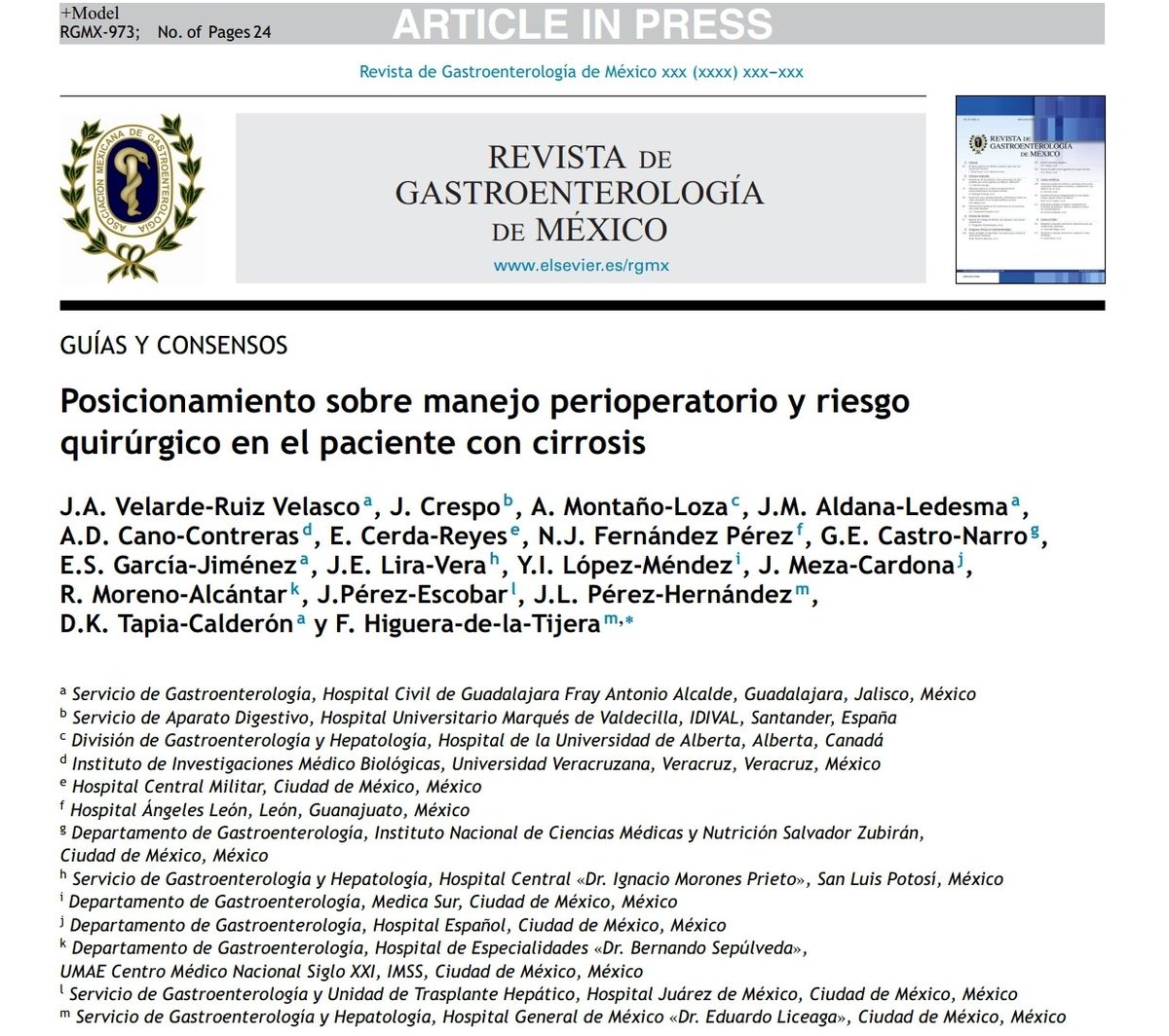 Posicionamiento sobre manejo perioperatorio y riesgo quirúrgico en el paciente con cirrosis. Agradecido <a href="/gastromx/">AMG Asoc.Mex.Gastro.</a> y <a href="/RevistadeGastr1/">Revista de Gastroenterología de México</a> por la inclusión en esta revisión de gran utilidad para la práctica clínica diaria

sciencedirect.com/science/articl…