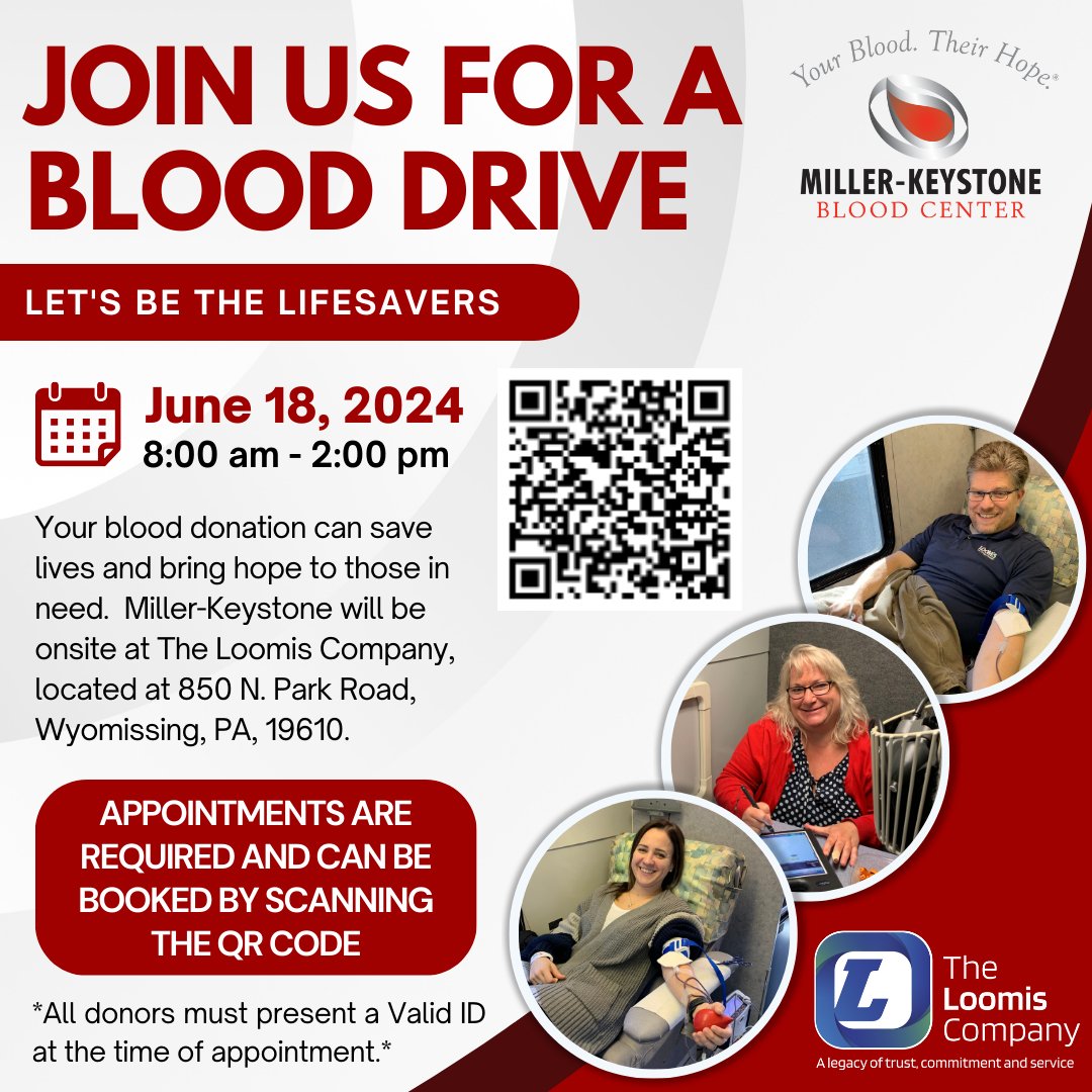 Join us for a Miller-Keystone Blood Center blood drive on Tuesday, June 18th, from 8 a.m. to 2 p.m. Your donation can make a world of difference to those in need!❤️

Appointments are required and can be made at: donor.giveapint.org/donor/schedule…

Be a hero—donate blood and save lives!