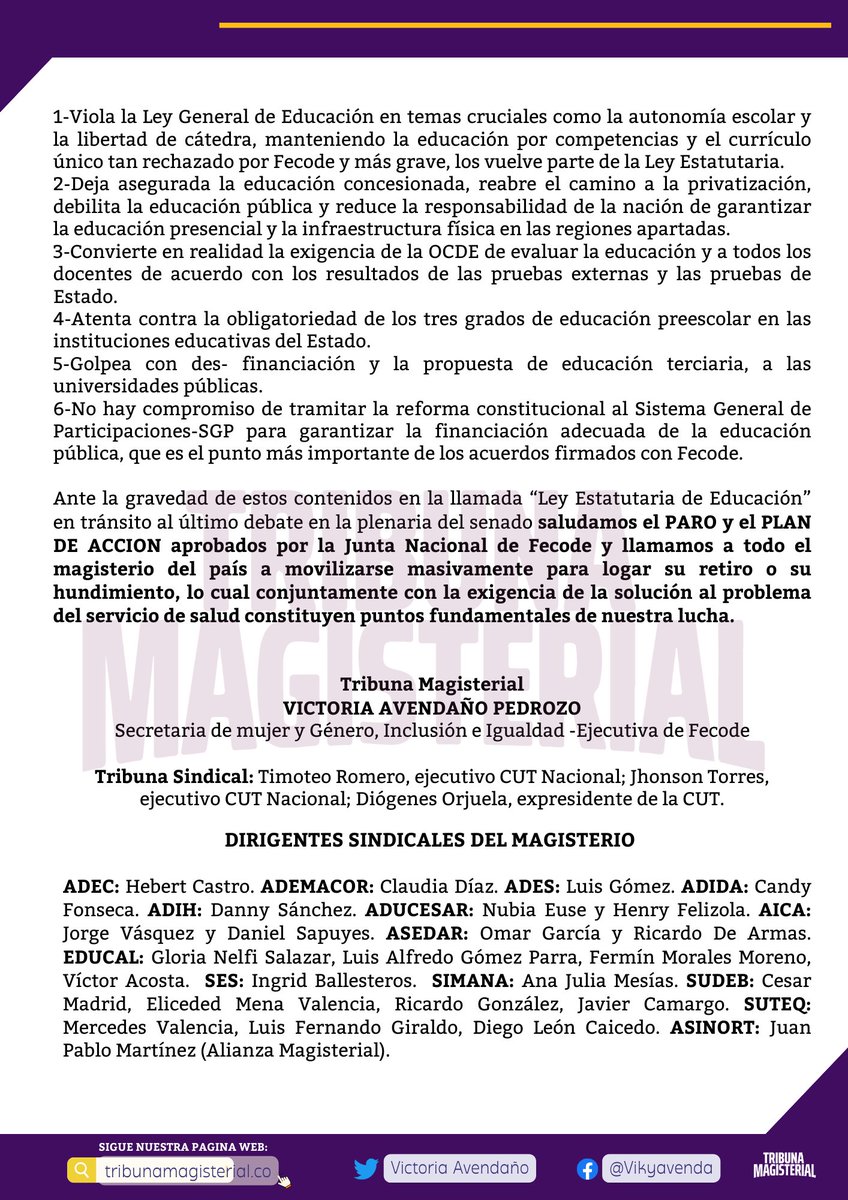 JhonsonTO's tweet photo. El proyecto de ley estatutaria es contra la educación pública, la libertad de cátedra, el SENA y los profesores e instructores del país.

Como ejecutivo de la @cutcolombia todo el respaldo al #ParoNacionalPermanente convocado por @fecode https://t.co/YXPAjY8hNU