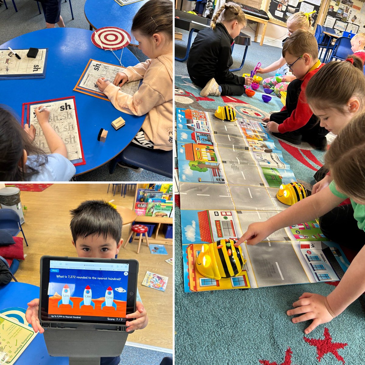 BPSMrsMacGregor's tweet photo. Some snaps from our fabulous morning ☺️. Today we revised the ‘sh’ phoneme, developed our estimation knowledge and enjoyed further exploration of direction using the beebots 🐝 ! https://t.co/D9cnyYNJ9t