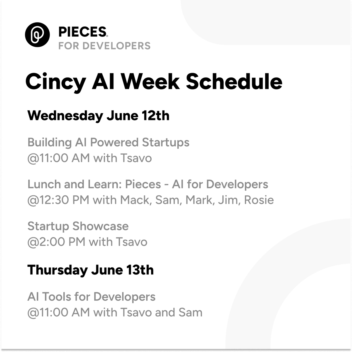 getpieces's tweet photo. Today marks Day 1 of @CincyAIWeek! We're so excited to be apart of it and discuss our AI technology with the community. Join us at events Tomorrow and Thursday to hear from the team, we'd love to see you there!
Register: https://t.co/UDzzxUx7Lr https://t.co/7lNix02ckh