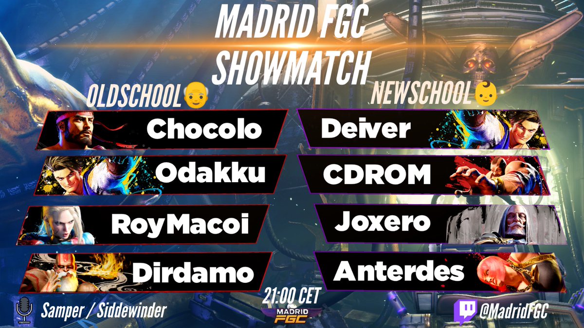 ⚡️FINDE DE STREETFIGHTER 6⚡️

Os traemos todo esto: 
Viernes 21.00h - Showmatch Oldschool vs Newschool
Sábado 12.00h - LCQ Meseta (4 plazas libres)
Sábado 16.00h - Finales Meseta (+ 700 euros de bote)
Sábado 21.30h - Tier List  Chocolo

Todo offline y en el Twitch de MadridFGC ⬇️