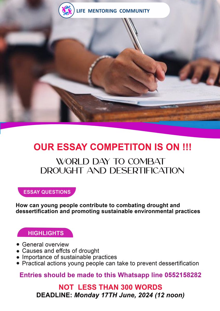 lmcghana's tweet photo. Are you an SHS student?
Drop your essay now.
#gogreen #ClimateActionNow 
#asgg #lmc #essaywriting @RichardMunang https://t.co/7JQMoyPMZZ
