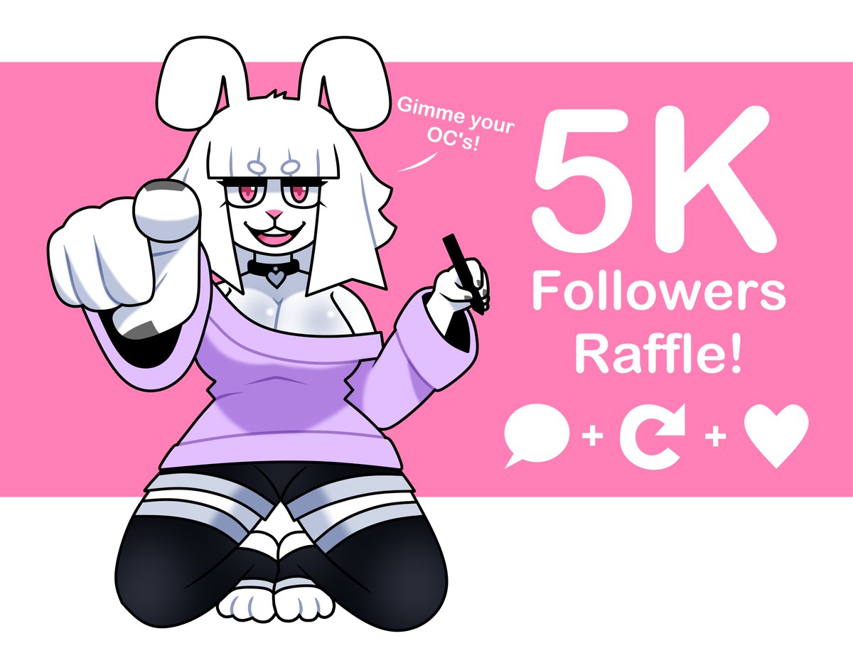 Alright as promised, here is the 5K art raffle! 
Thank you all again for getting the silly bnuy here (me!) ❤️

There will be 2 Winners, and they will get a full body art
So post your OC's in the reply and do a Follow + Retweet!
(Dont be shy join in!)

This will end in 2 days 🕓
