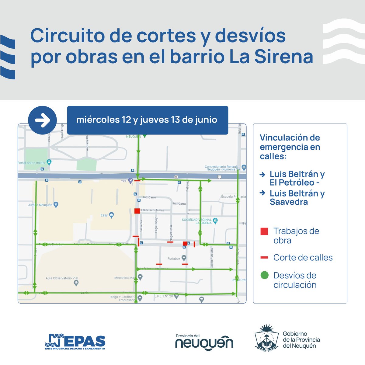 ⚠️ AVANCE DE OBRA DE EPAS AFECTA EL TRÁNSITO EN EL BARRIO LA SIRENA

📌 Durante este miércoles 12 y jueves 13 de junio la calle Saavedra, entre Juan José Lastra y Luis Beltrán permacerá cortada al tránsito.⏬