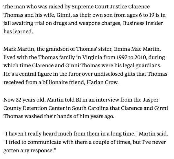 JayShams's tweet photo. 🚨🚨🚨SCOOP🚨🚨🚨

Mark Martin — the relative who Clarence Thomas raised "as a son" with money from Harlan Crow — faces decades in prison on drugs and weapons charges.

He tells @ScrawlGirl that Clarence and Ginni Thomas cut ties with him years ago.

https://t.co/u9hRyR0Yod https://t.co/SJSm2q3mEe