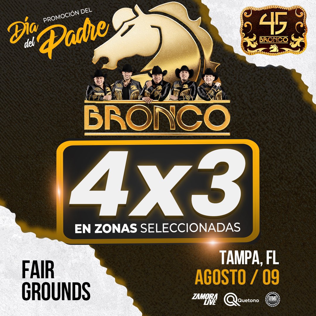 EventmaniaTix's tweet photo. Tampa, FL! 🌴☀️ APROVECHA ESTA PROMOCIÓN! ‼️ 4 X 3 BOLETOS con el código: “PAPA”! Bronco y muchos más! 🎶🎤🪗 El Viernes 9 de Agosto en los Florida State Fairgrounds! 📍 Consigue tus boletos! 🎟️ https://t.co/Yw7VXxKo3H 🎟️ #eventmania https://t.co/sWObSp9eWv