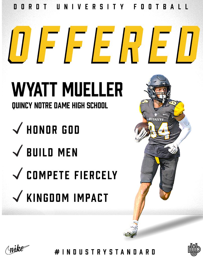 Wyatt Mueller (@wyattmueller14) on Twitter photo After a great camp at <a href="/GoJacksFB/">SDSU Football</a> and conversation with <a href="/Coach_Roelofs/">Coach Taylor Roelofs</a>, I’m blessed to receive an offer from Dordt University! <a href="/BMcCormick08/">Brandon McCormick</a> <a href="/JackCornell73/">Jack Cornell</a> <a href="/QNDFootball/">Quincy Notre Dame Football</a> <a href="/JPRockMO/">JP Rock</a> <a href="/elitefootball/">EliteFootballAcademy</a> <a href="/EDGYTIM/">Timothy “EDGYTIM” OHalloran</a> After a great camp at <a href="/GoJacksFB/">SDSU Football</a> and conversation with <a href="/Coach_Roelofs/">Coach Taylor Roelofs</a>, I’m blessed to receive an offer from Dordt University! <a href="/BMcCormick08/">Brandon McCormick</a> <a href="/JackCornell73/">Jack Cornell</a> <a href="/QNDFootball/">Quincy Notre Dame Football</a> <a href="/JPRockMO/">JP Rock</a> <a href="/elitefootball/">EliteFootballAcademy</a> <a href="/EDGYTIM/">Timothy “EDGYTIM” OHalloran</a>