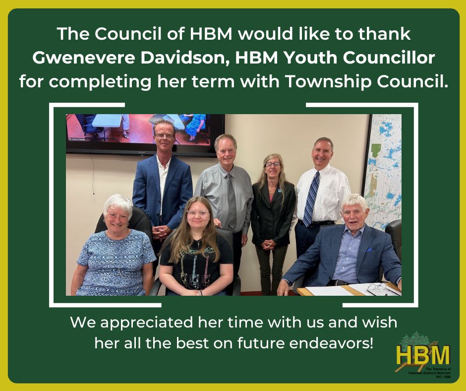 HBMtwp's tweet photo. The Council of HBM would like to thank Gwenevere Davidson, HBM Youth Councillor for completing her term with Township Council.

Be sure to watch the amazing video she put together highlighting HBM amenities, attractions, programs and events that happen in our community. https://t.co/KGvPtvTwiK