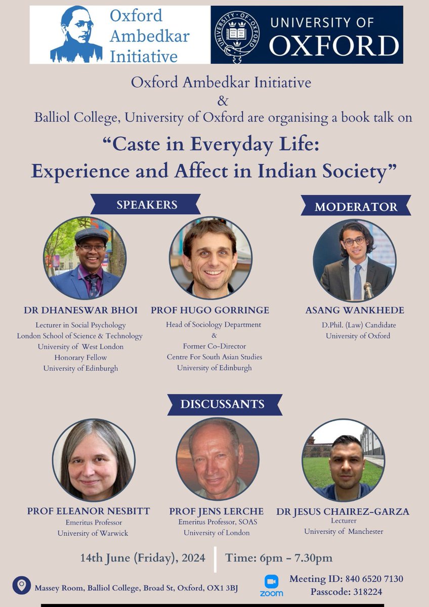 Ambedkar Oxford Initiative &amp; University of Oxford's Book Launch, 14-06-2024, 6PM.
Join Zoom Meeting
us02web.zoom.us/j/84065207130?…
Meeting ID: 840 6520 7130
Passcode: 318224

IN_PERSON LINK
eventbrite.co.uk/e/book-launch-…