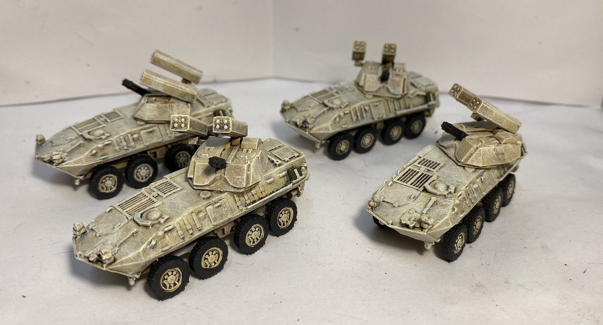 PaintsDb's tweet photo. This evening I managed to get the LAV’s done including anti tank and air defence versions. Two more LAV’s and a humvee to paint tomorrow and the US marines are done, ready for a game on Friday!
#teamyankee #battlefront #modernwargaming #coldwarwargaming https://t.co/D3oCBmnl9N