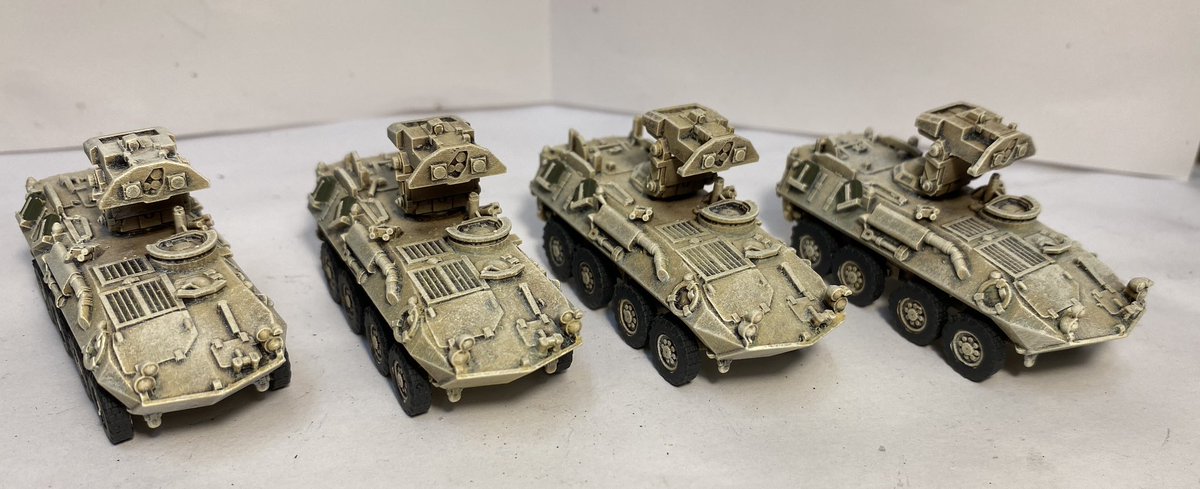 PaintsDb's tweet photo. This evening I managed to get the LAV’s done including anti tank and air defence versions. Two more LAV’s and a humvee to paint tomorrow and the US marines are done, ready for a game on Friday!
#teamyankee #battlefront #modernwargaming #coldwarwargaming https://t.co/D3oCBmnl9N