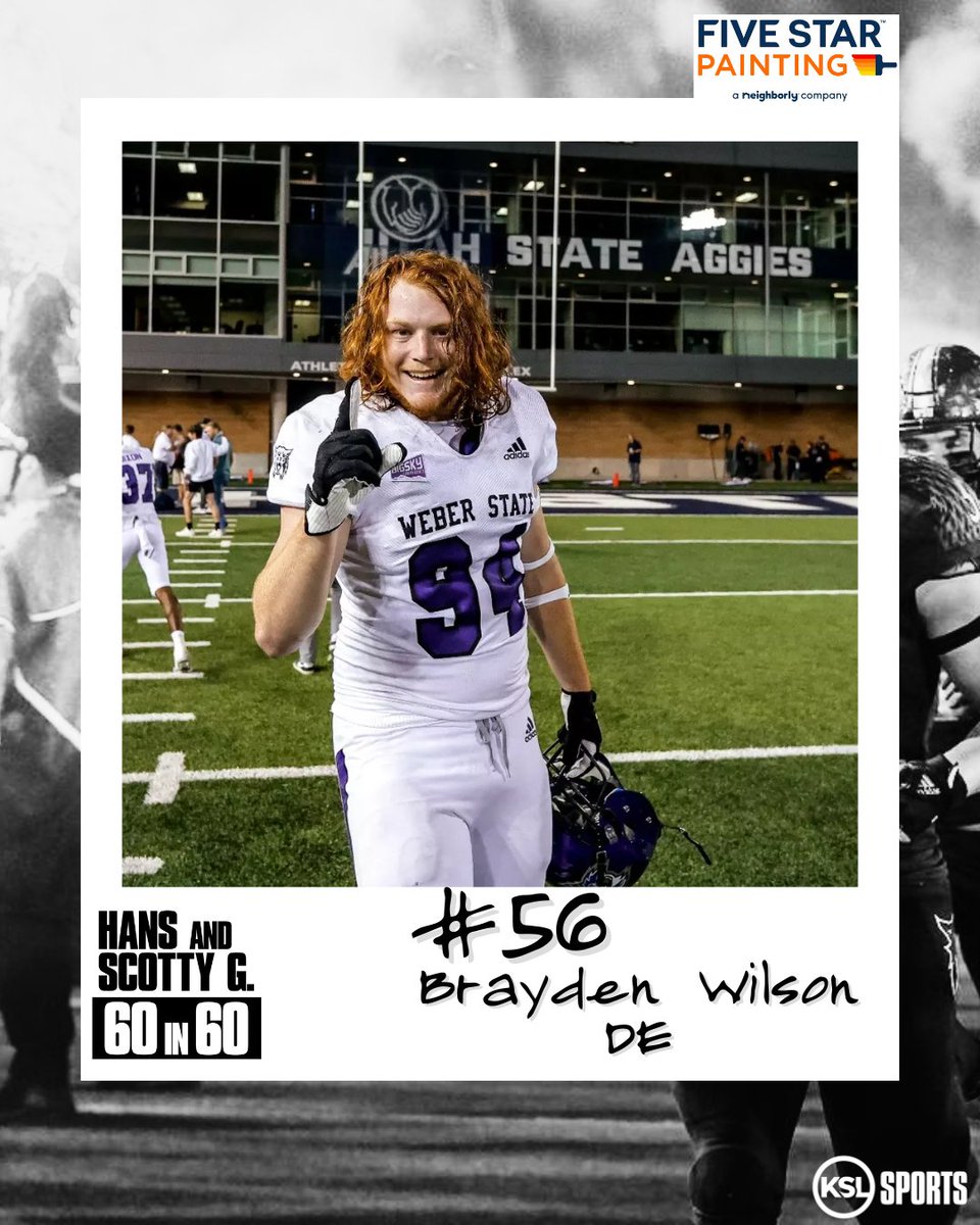 No. 5️⃣6⃣ on the #60in60 is <a href="/weberstatefb/">Weber State Football 🏈</a> DE Brayden Wilson

<a href="/975Hans/">Hans Olsen</a> <a href="/ScottyGZone/">Scott Garrard</a> <a href="/KSLSportsZone/">97.5 The KSL Sports Zone</a> #WeAreWeber