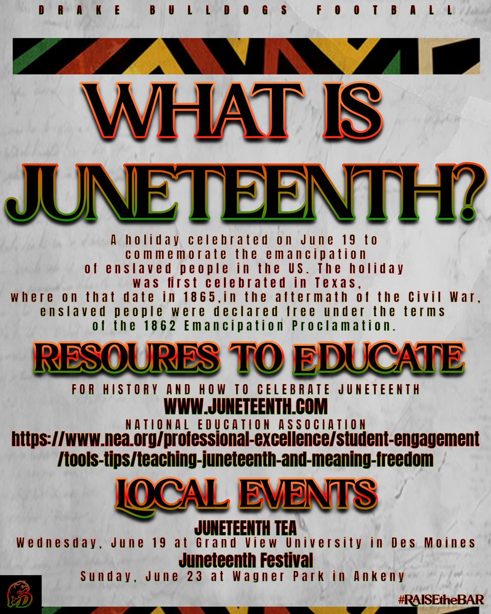 Drake Football (@drakebulldogsfb) on Twitter photo As we celebrate Juneteenth, a day of freedom. We encourage Bulldog nation to take a moment and learn more about this important moment in our history. Also check out some of the local events!
 #RAISEtheBAR
EDUCATE: juneteenth.com/history
nea.org/professional-eโฆ As we celebrate Juneteenth, a day of freedom. We encourage Bulldog nation to take a moment and learn more about this important moment in our history. Also check out some of the local events!
 #RAISEtheBAR
EDUCATE: juneteenth.com/history
nea.org/professional-eโฆ