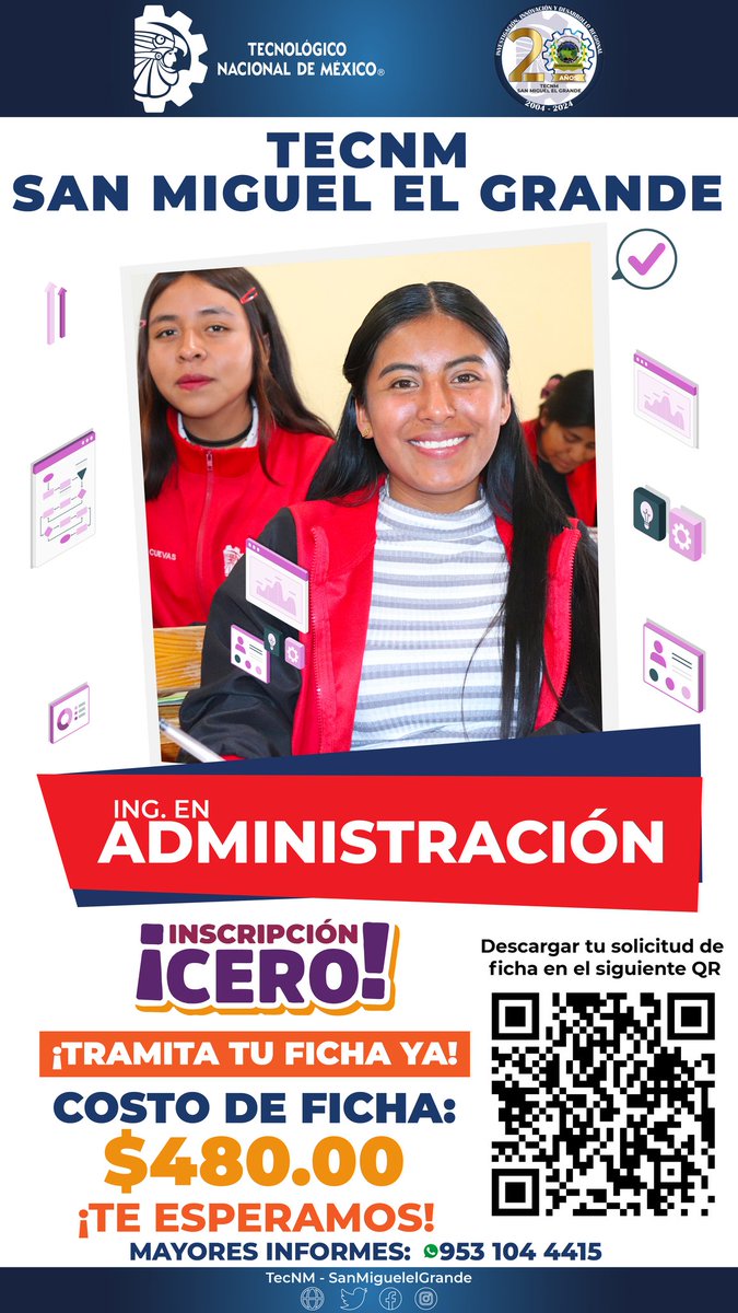 ⚠️⚠️⚠️ATENCIÓN ESTUDIANTES DE NUEVO INGRESO⚠️⚠️⚠️

¡Es hora de definir tu futuro!

Estudia con nosotros :
💼Ingeniería en Administración

📷Consulta más información en 👉smiguelgde.tecnm.mx/Nuevo-Ingreso.… Ó bien comunícate al contacto: Ing. en Administración: wa.link/xgn83b